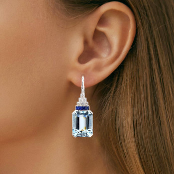 25ctw Emerald Cut Aquamarine Art-deco Drop Earrings