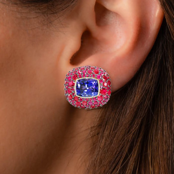 10ctw Tanzanite Blue Sapphire and Ruby Paved Stud Earrings