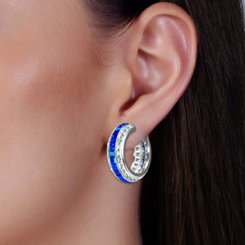 12ctw Blue and White Sapphire Art-deco Hoop Earrings