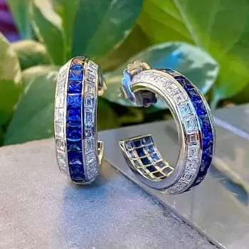 12ctw Blue and White Sapphire Art-deco Hoop Earrings