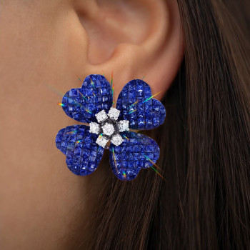 15ctw Blue Sapphire Flower Statement Stud Earrings