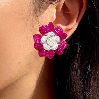 18ctw White Sapphire and Ruby Double Flower Earrings
