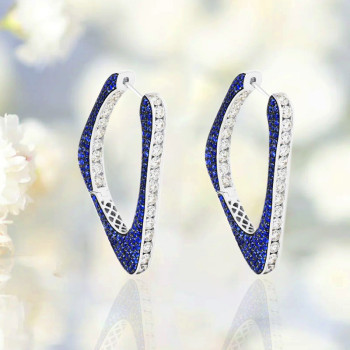5ctw White and Blue Sapphire Paved Geometric Hoop Earrings