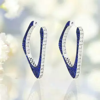 5ctw White and Blue Sapphire Paved Geometric Hoop Earrings