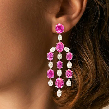 36ctw Oval Cut White and Fuchsia Sapphire Chandelier Earrings