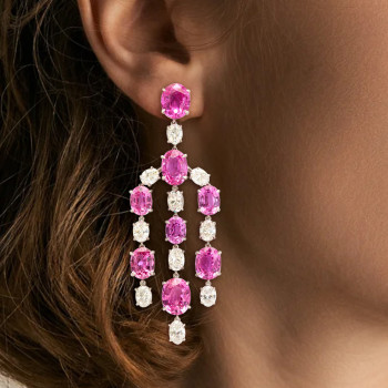36ctw Oval Cut White and Fuchsia Sapphire Chandelier Earrings