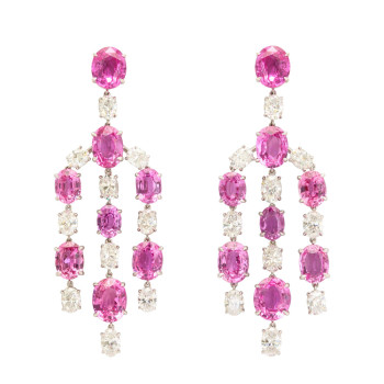 36ctw Oval Cut White and Fuchsia Sapphire Chandelier Earrings
