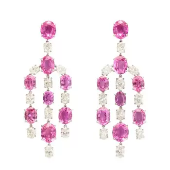 36ctw Oval Cut White and Fuchsia Sapphire Chandelier Earrings