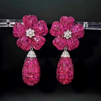 45ctw Invisible-set Ruby Flower Teardrop Dangle Statement Earrings