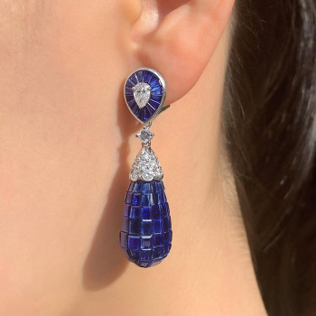 50ctw Invisible Set Blue Sapphire Art-deco Drop Earrings