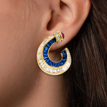 10ctw White and Blue Sapphire Art-deco No Piercings Ear Clips
