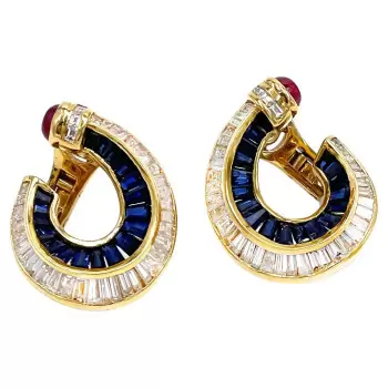 10ctw White and Blue Sapphire Art-deco No Piercings Ear Clips