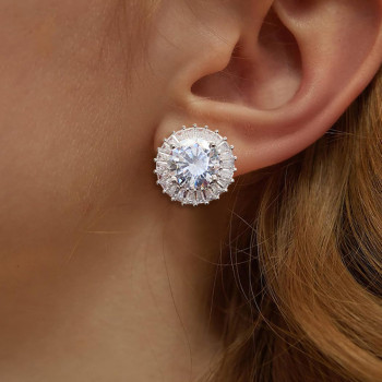 Halo Round Cut White Sapphire Stud Earrings