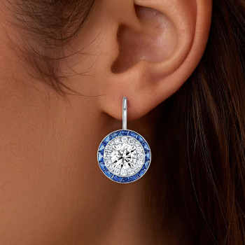 2.0ct Round Cut White & Blue Sapphire Drop Earrings