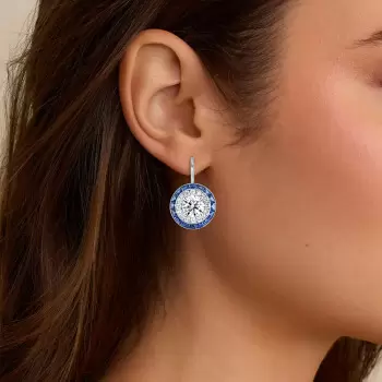 2.0ct Round Cut White & Blue Sapphire Drop Earrings