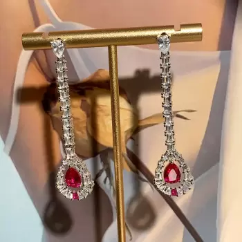 3.5ctw Halo Pear Cut Ruby Drop Earrings
