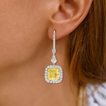5.5ct Cushion Cut Yellow Sapphire Halo Drop Earrings