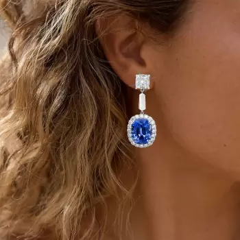 6.5ct Oval Cut Blue Sapphire Halo Drop Earrings