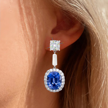 6.5ct Oval Cut Blue Sapphire Halo Drop Earrings