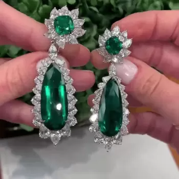 7.5ct Pear Shape Floral Design Halo Emerald Earrings