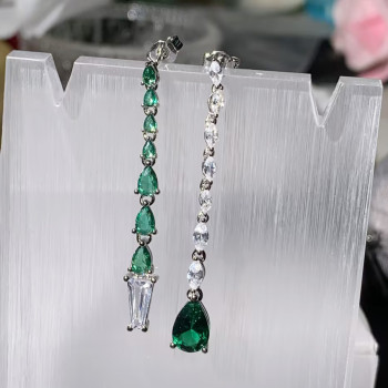 3.95ct Mismatch Shield Cut Emeralds White Sapphire Drop Earrings