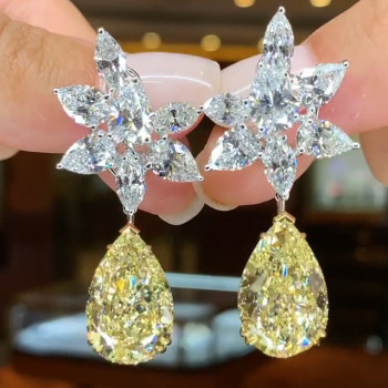 15ctw Pear Cut Yellow & White Sapphire Flower Drop Earrings