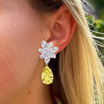 15ctw Pear Cut Yellow & White Sapphire Flower Drop Earrings