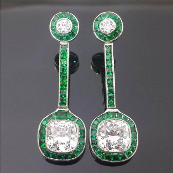 14.5ctw Cushion Cut Emerald & White Sapphire Drop Earrings