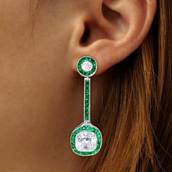 14.5ctw Cushion Cut Emerald & White Sapphire Drop Earrings