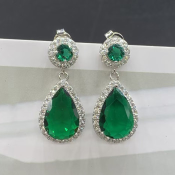 7.5ct Pear Cut Emerald Halo Drop Earrings