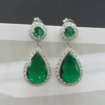 7.5ct Pear Cut Emerald Halo Drop Earrings