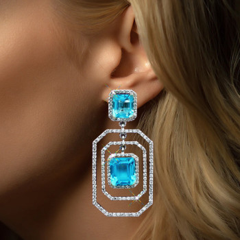 8.5ctw Radiant Cut Aquamarine & White Sapphire Drop Earrings