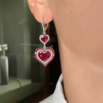 3.5ctw Heart Cut Ruby Halo Drop Earrings
