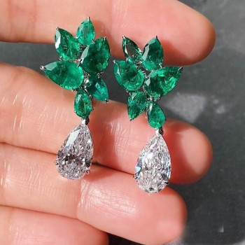 7.9ctw Pear Cut Emerald & White Sapphire Drop Earrings