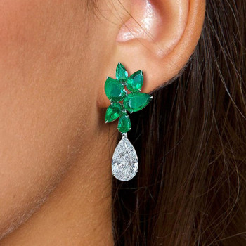 7.9ctw Pear Cut Emerald & White Sapphire Drop Earrings