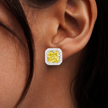 5ctw Princess Cut Yellow Sapphire Halo Stud Earrings