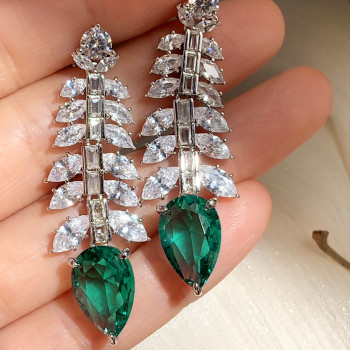 18ctw Pear Cut Emerald Leaves Drop Earrings