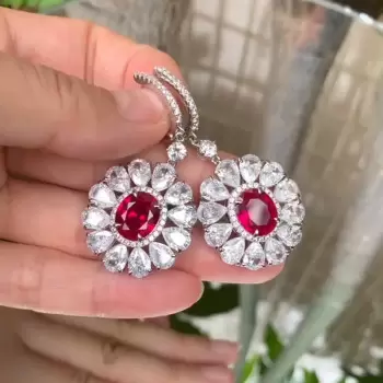 14ctw Halo Oval Cut Ruby Flower Drop Earrings