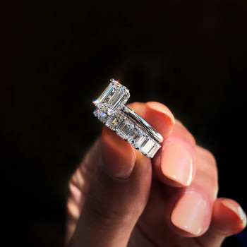 2ct Emerald Cut White Sapphire 2pcs Bridal Set