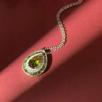 3ct Pear Cut Peridot Vintage Halo Pendant Necklace