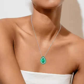 3ct Pear Cut Emerald Vintage Halo Pendant Necklace