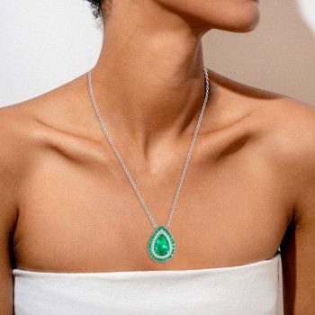 3ct Pear Cut Emerald Vintage Halo Pendant Necklace