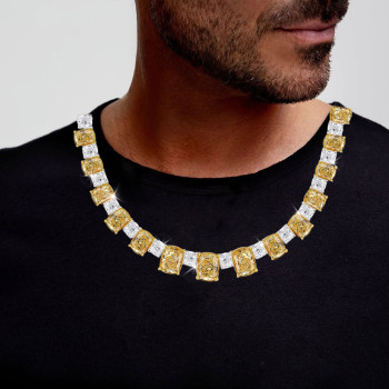 120ctw Two Tone Cushion Cut Yellow&White Sapphire Necklace
