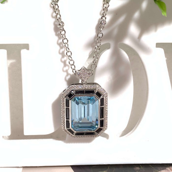 15ct Emerald Cut Aquamarine Art-deco Pendant Necklace
