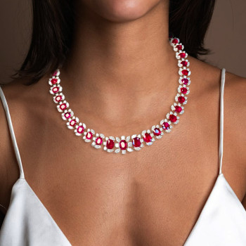 40ctw Oval Cut Ruby Halo Vintage Statement Necklace