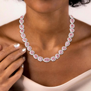 45ctw Multi-cut Pink Sapphire Double Halo Statement Necklace