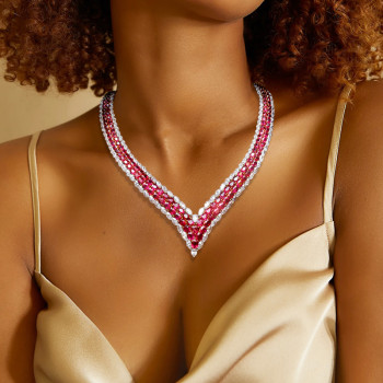 65ctw White Sapphire and Oval Cut Ruby Two-row V Necklace