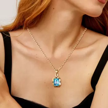 14CT Emerald Cut Aquamarine Link Chain Necklace