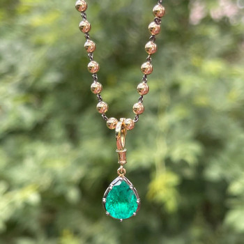 3.5ct Pear Cut Emerald Pendant Two Tone Necklace