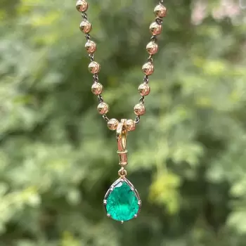 3.5ct Pear Cut Emerald Pendant Two Tone Necklace